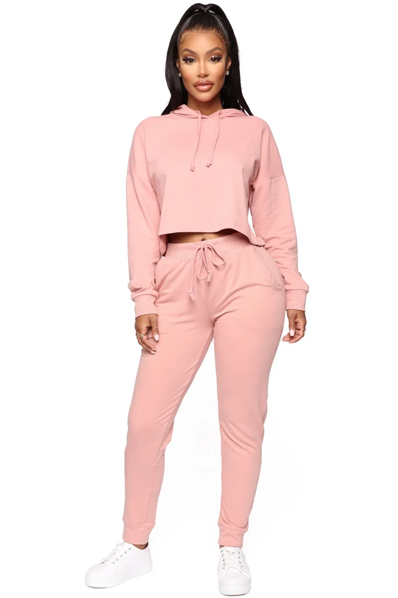 high quality fashion pullover cropped hoodie set solid color womens sweatshirt set