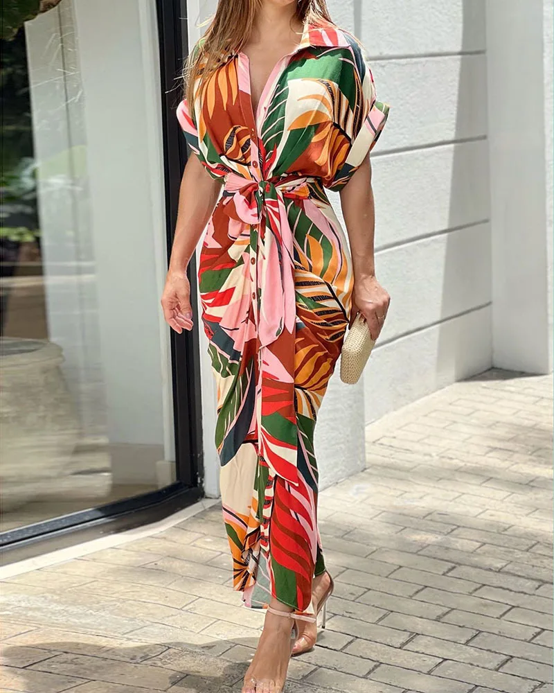 New Spring and Summer New Style Printed Shirt Skirt High Waist Slim Temperament Dress Loose Elegant Casual Dress