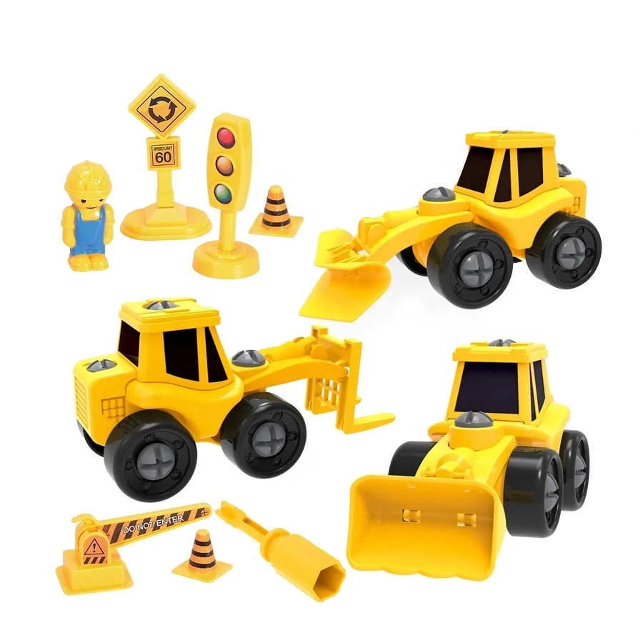 Hot Sale Engineering Vehicle Set DIY Take Apart Truck Construction Toys STEM Engineering Building Play Set with Scene Roadblocks