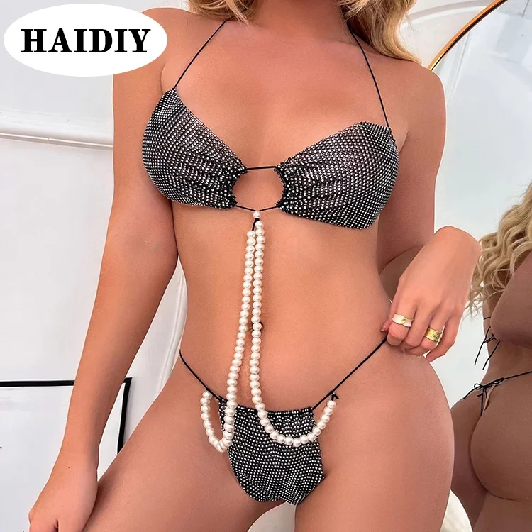 Custom New Sexy Pearl String Two Piece Bikini Monokini Bandeau Halter Cut Out Swimsuit Women High Cut Thong Swimwear