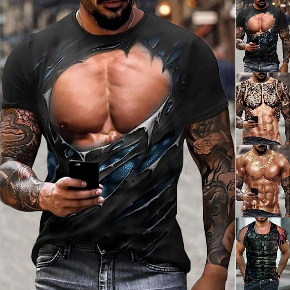 Men's 3D Muscle Tattoo Print T-Shirt Short Sleeve Digital Print Shirt Tops  T-Shirt