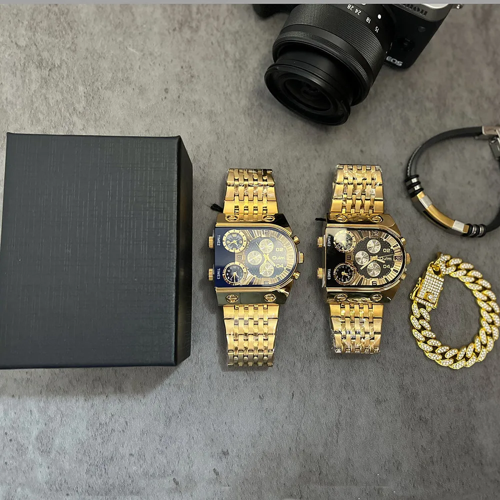 Oulm Multi Time Zone Large Dial Fashion Wristwatch Luminous Mens Watches Luxury Stainless Steel Bracelet Men Quartz Watch Set