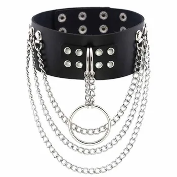 Punk Gothic Collar Choker PU Leather Spike Rivet Necklace for Men Women Black with Circle 3 Chains