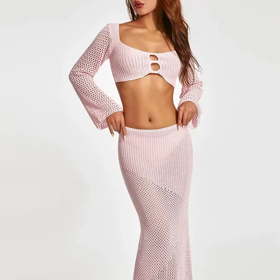 Summer Transparent Hollow Knitted Crochet Mesh Party Beach Dress 2 Piece  Suit Long Sleeve Short Top Long Skirt Women's Sweater
