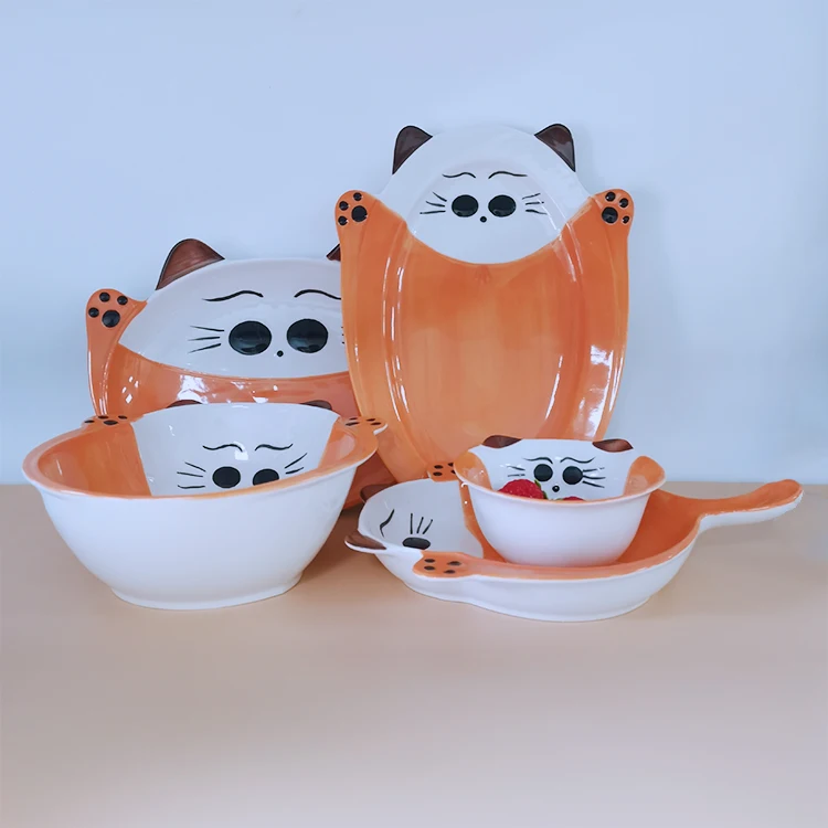 Modern Cat Ceramic Tableware Household Soup Noodle Bowls Fruit Steak Food  Plate Dishes Creative Porcelain Dinnerware Set