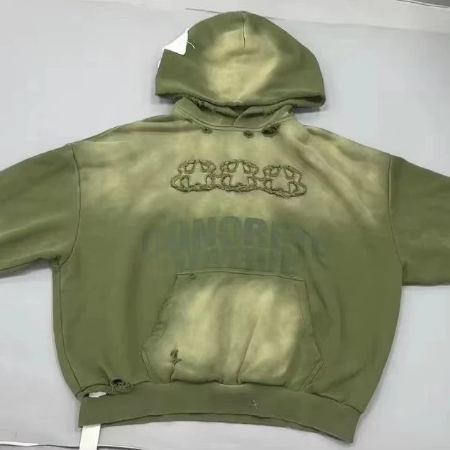 100%cotton Oversized Acid Stone Washed Heavyweight French Terry 500 Gsm Distresed Patch Men Vintage Hoodies