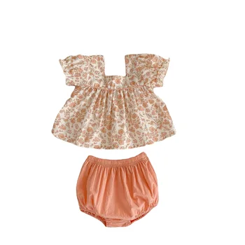 Baby Clothing Sets Floral Square Collar Short-Sleeved Doll Shirt + Shorts Two-Piece Suit