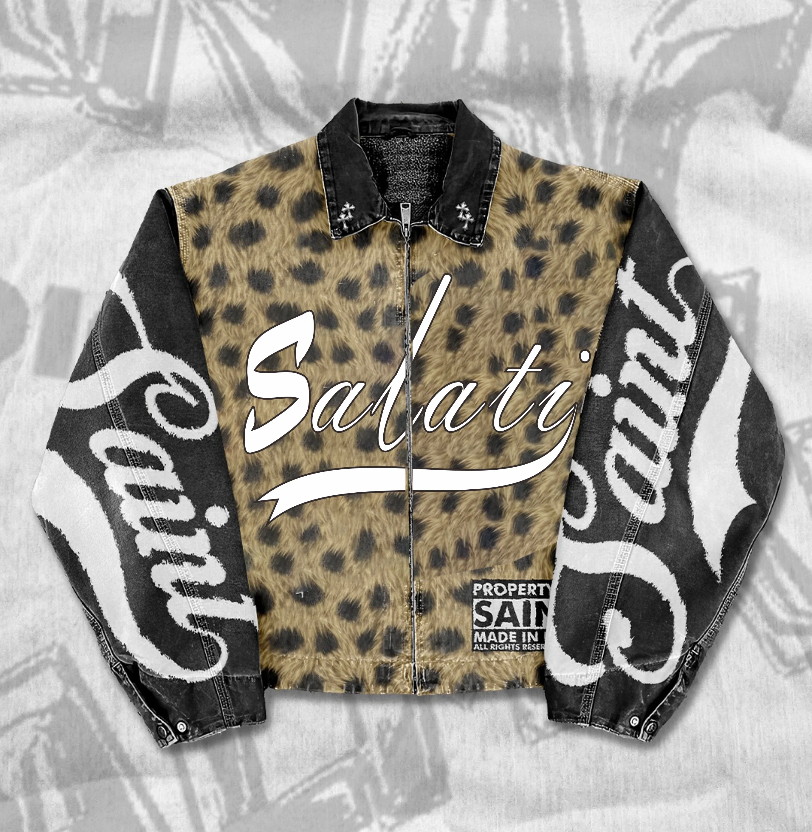 Wholesale Custom Sun Faded Distressed Jeans Denim Jacket Set Streetwear Vintage Embroidery Animal Skin Denim Jacket for Men gallery 2
