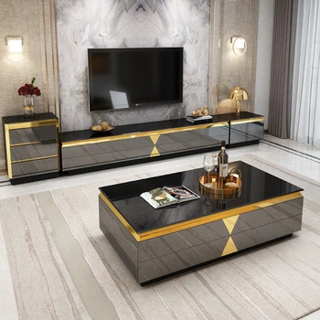 Foshan factory Living room furniture sets metal center coffee tables with drawer modern luxury glass coffee table and tv stand