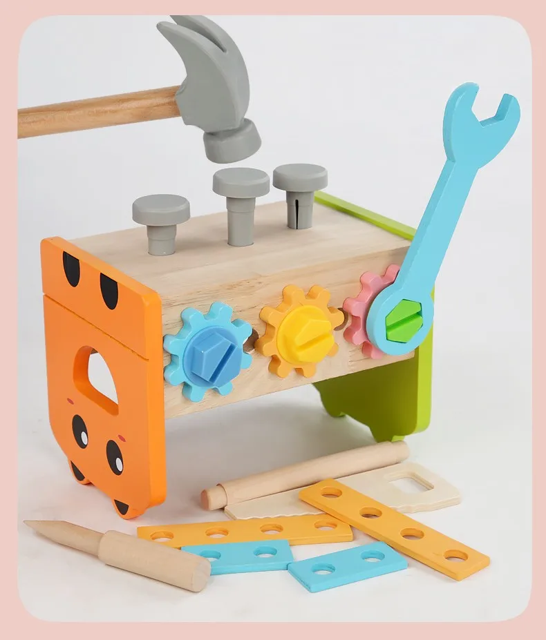 Children Cartoon Wooden Simulation Tool Box Toy Nut Combination Set ...