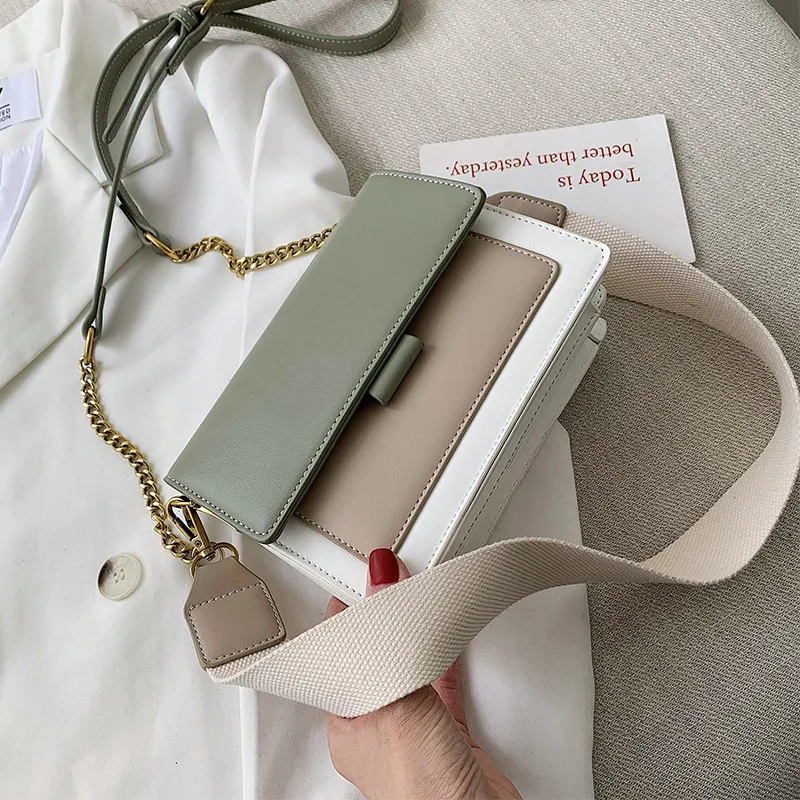 Wide Strap with Chain Handbags Women's square Shoulder Bags with Zipper Compartments Ladies Hobo Purse