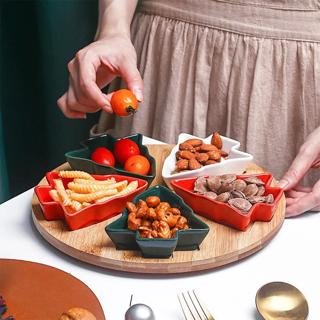 Christmas Tree Shaped Plates with Bamboo Tray Candy Nut Serving Container Platters Snacks Fruits Plate Ceramic Snack Tray