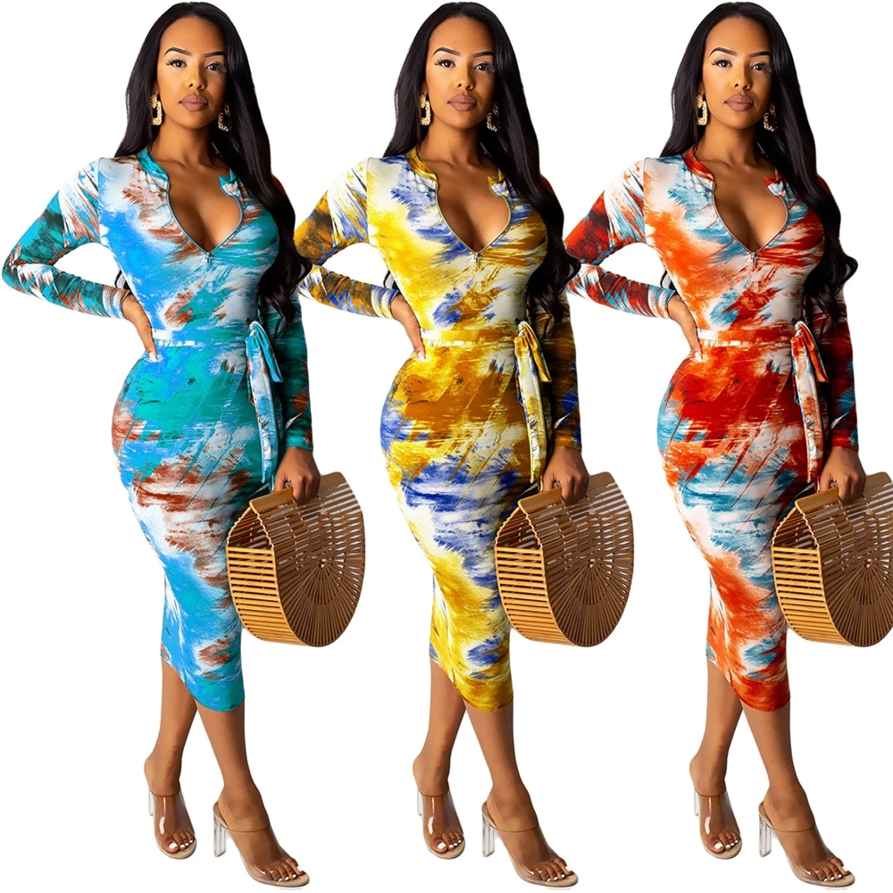 FC60570 ladies fall fashion dress color graffiti printed zipper round neck belt tight Long sleeve mid length sexy women dress