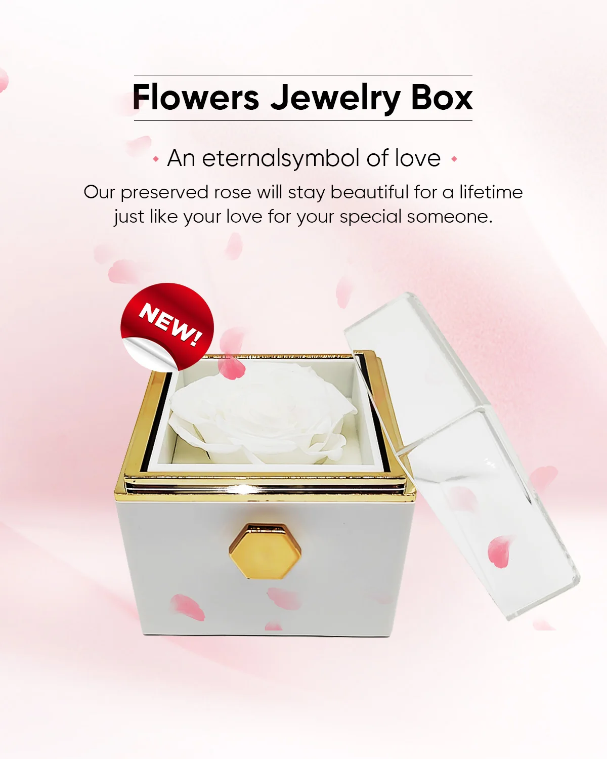 Custom White/red Luxury Acrylic Rotating Eternal Rose Jewelry Box