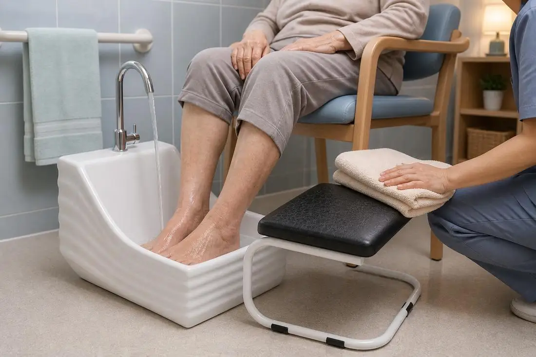 info-1-1 Low wudu basin with grab bars and open knee space in a care home washroom