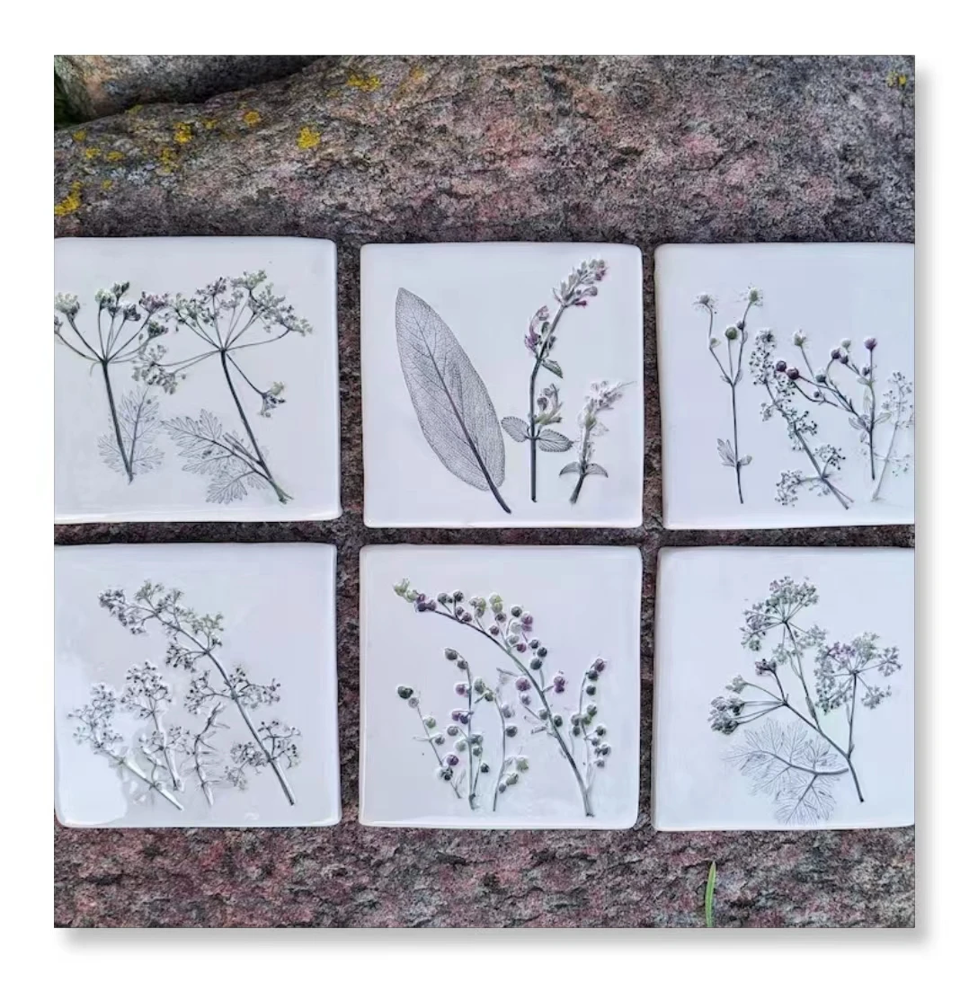 High Quality Modern Custom Handmade Art Plant Pattern Ceramic Tiles for Bathroom Toilet Kitchen Living Room Wall Firebrick