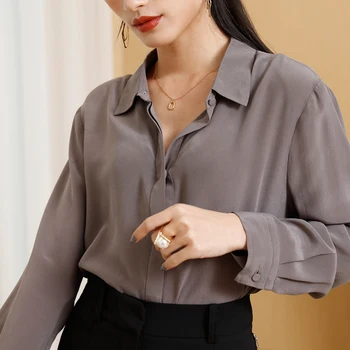 Women's Breathable Satin Blouse Long Sleeves Turn Collar Printed Office Shirt Tops Fashion Style Silk Fabric Logo Decoration