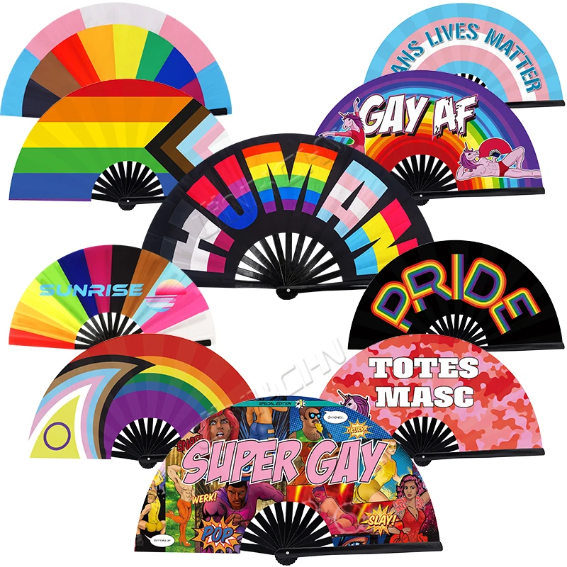 Custom 33cm Raving Pride Colourful Bamboo Clack Fans Large Hand Held Fans with Unique Design