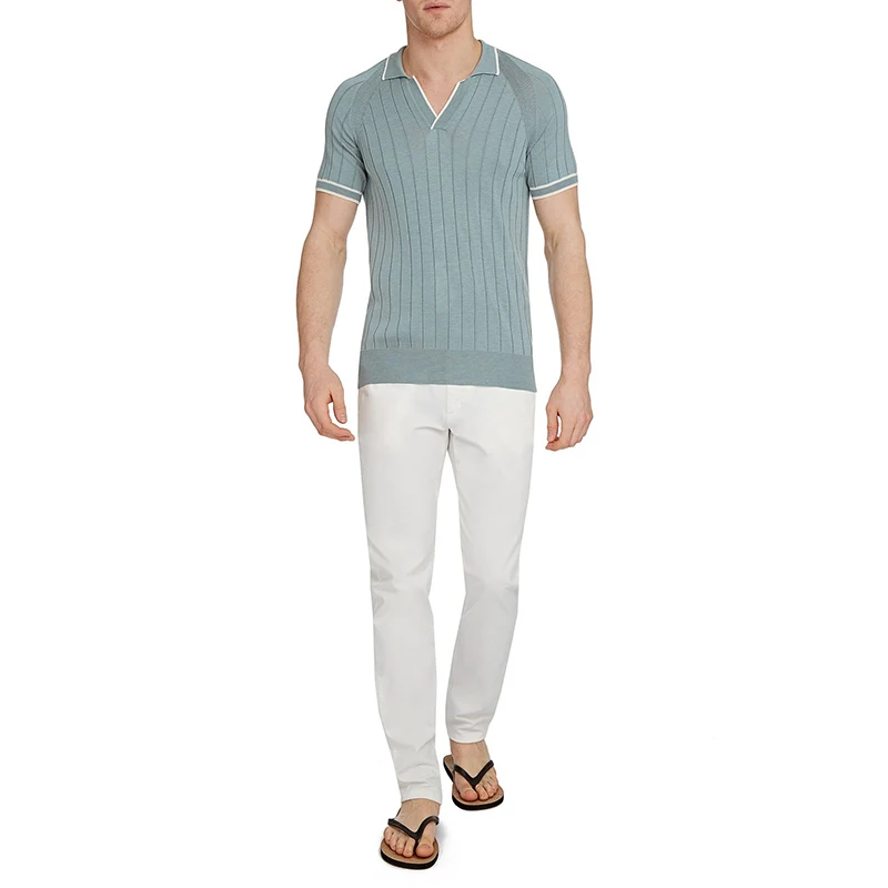 OEM Custom Latest Design Light  Green Almond Tailored Fit Rib Knit  Men Polo Shirt