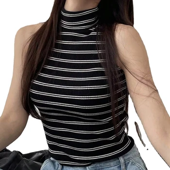 Europe and America Summer new style classy Knitted high-collar sleeveless crop top