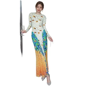 Customize Hot Selling Casual Elegant Empire Waist Floral Printed Knitting Breathable Washable Long Sleeve Sexy O-Neck Maxi Dress