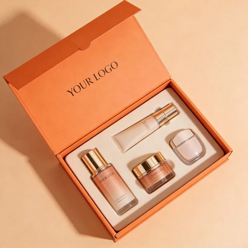 Hot Selling Orange Box with Custom logo Eco-Friendly Cardboard Paper Packaging for Cosmetic Set Magnetic Closure Rigid Box