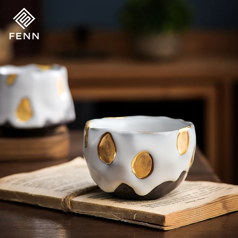 FENN Japanese teacup ceramic coffee cup irregular edge feature design cups body variety of Luxury grey with golden tea cups