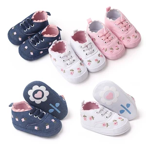 New Spring and Autumn Pure Color Denim Embroidered Flower Front Lace-up Cute Fashion Infant Princess Toddler Shoes for Baby Girl