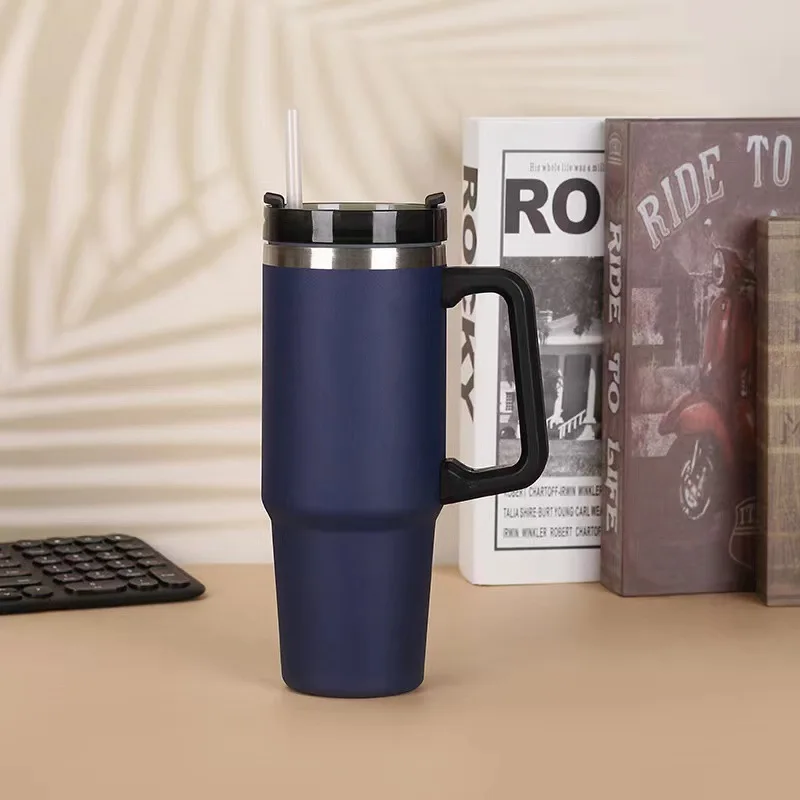 Logo Printed Stainless Steel Cup with Handle Double Walled Insulated Tumbler 40oz Coffee Travel Mug with Lid and Handle