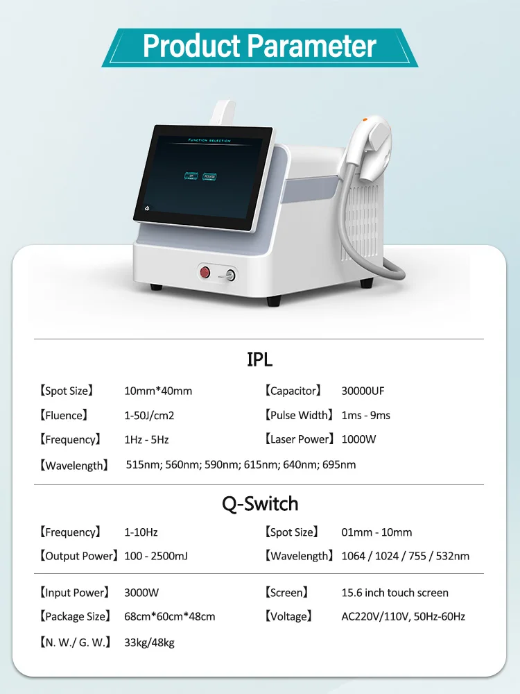 Portable 2 in 1 Q-SWITCH Tattoo Removal Carbon Peeling Skin Whitening Machine/ Fast IPL Hair Removal Machine