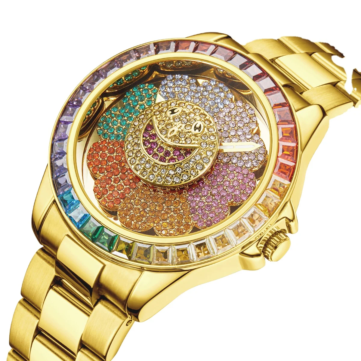 Hip Hop Sunflower Watch Trendy Diamond Bezel Men's Timepiece