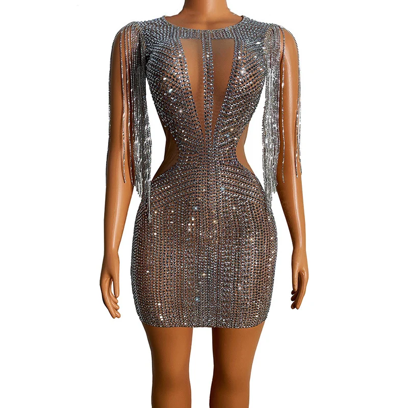 Sparkly Rhinestone Fringe Transparent Short Dress for Women