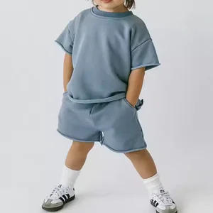 Custom Logo Roll-edged Ram Hem Tshirt and Shorts Summer Suit Children's Short Sets 2 Piece Newborn Kids Girls Boys Clothing Sets