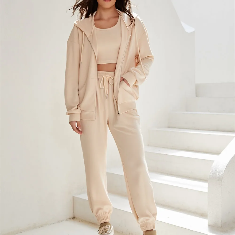 Zip up Drop Shoulder Drawstring Hoodie and Sweat Pant Set Women s Clothing Manufacturer OEM