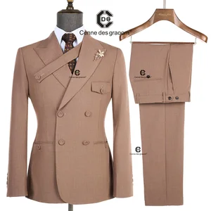 Cenne Des Graoom 2026 New Elegant Brown Double Breasted Suits for Men Hand Sewn Buttons 2 Pieces Set High Quality Wedding Party