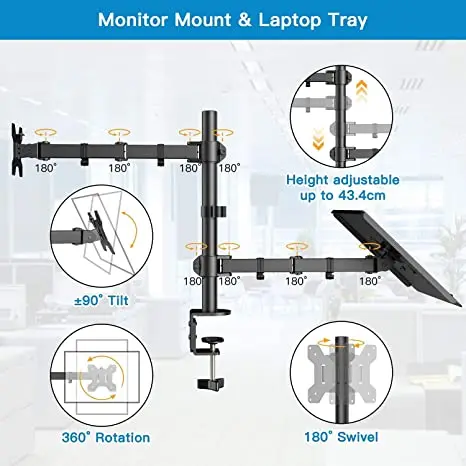 MG Dual Monitor Stand Arms With Laptop Tray Clamp Desk Mount VESA Screen PC Laptop 2 in 1 Adjustable Monitor and Laptop  Riser