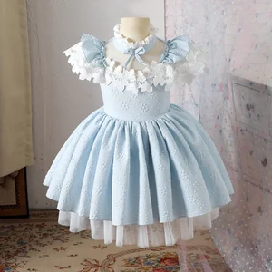 Blue White Lolita Style Princess for Girls Pleated Sleeves Multi-Layered Skirt Hem Flower Knee-Length Performance Summer