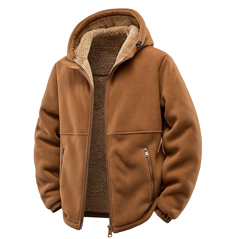 Sherpa wool-lined windproof fleece casual jacket, full-zip hood, unisex winter warm coat with zippered pockets.
