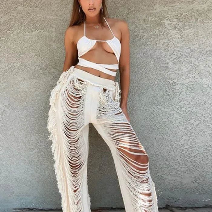 Y K Knitted Straight Pants Women Hipster Fringe Tassel Hollow Out High