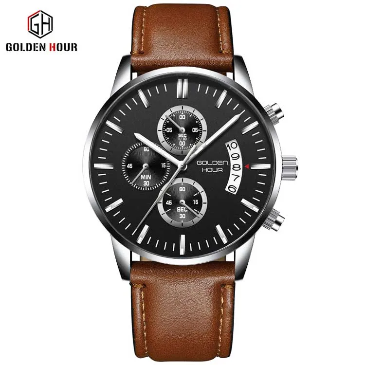 GOLDEN HOUR GH125-L fashion Brown unisex quartz watch vive PU leather band 3 dials calender Concise outdoor watch company