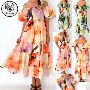 Factory Custom Summer Off Shoulder Printed Clothing Women Casual Sexy Elegant Maxi Dresses