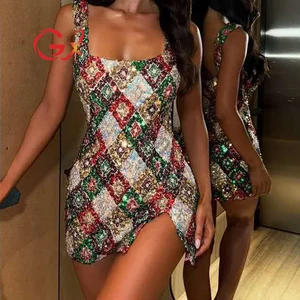 GX8023 Ladies Street Wear Summer Sexy Sleeveless V-Neck Lace Matching Leopard Printed Long Dress Sexy Nigh Club Maxi Dresses