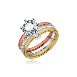 Keiyue Wholesale of High S925 Silver Six Claws Diamond Ring 18k Gold Plated Cubic Zirconia Wedding Rings for Women