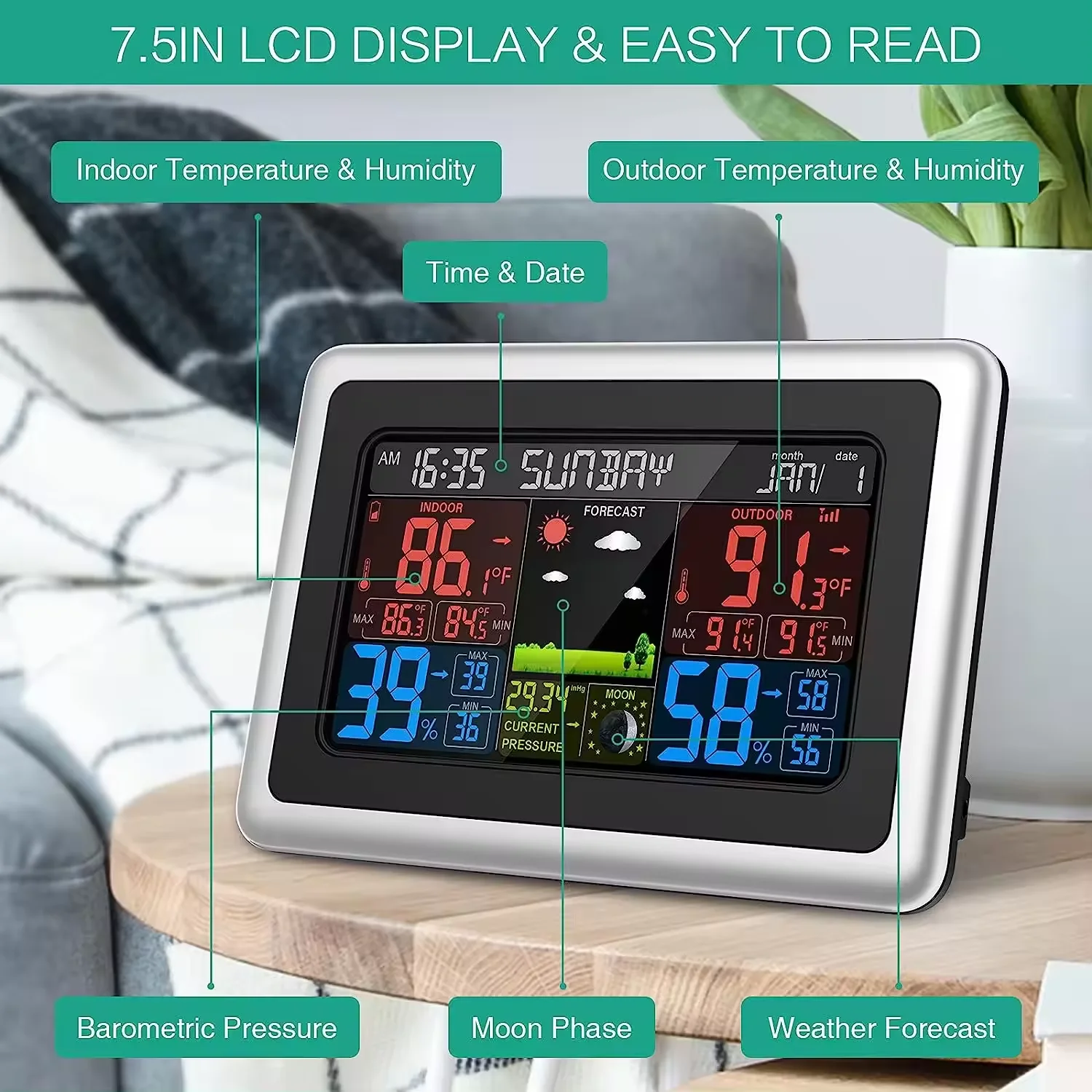 Color Display Germany DCF Radio Control Clock Table Weather Station Weather Forcast Clock Temperature Humidity RF Clock