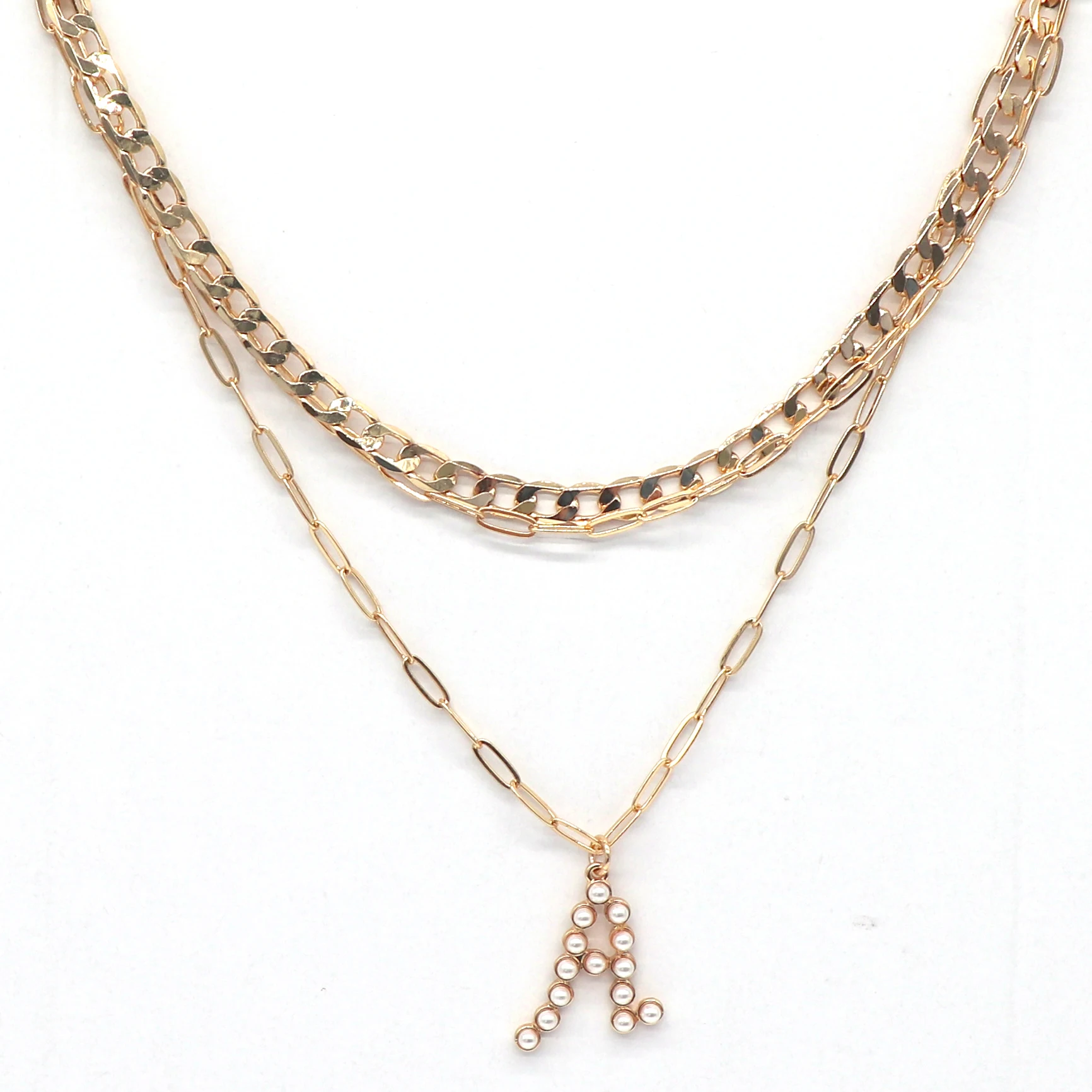 Fashion triple layers flat curb chain and link chains with letter pendant necklace For Women Jewelry Casual style