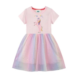 Customizable Summer Baby Girl Embroidery Unicorn Star Cotton Glitter Dress Casual Summer Toddler Girls Dresses