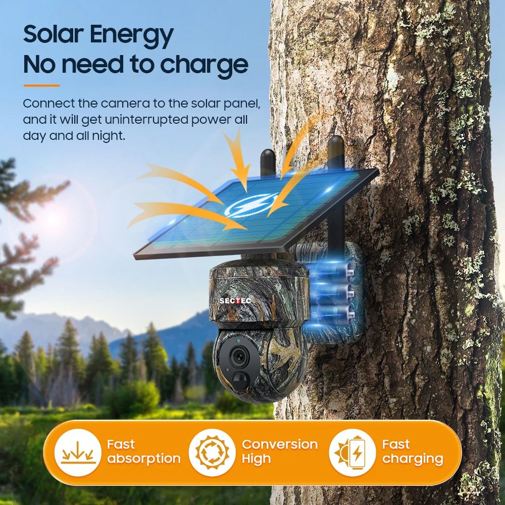 SECTEC Mini Size Outdoor 4MP 2K Wifi Camouflage Solar Battery Infrared Camera Auto Shoot Hunting Trail Security Solar Camera