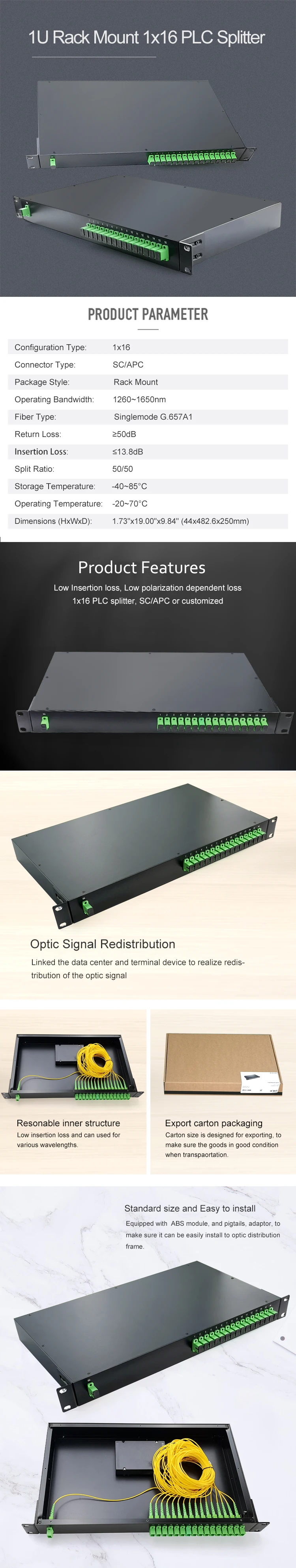 High Quality SM 1x16 1U Rack Mount PLC Splitter SC APC