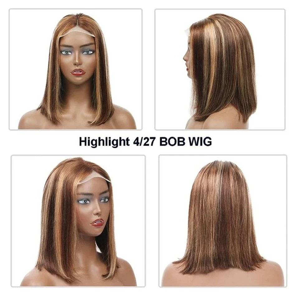 Kurze Bob-Perücken, peruanisches Remy-Menschenhaar, Highlight-Bob-Perücken, Frontal-Spitzenperücke für Frauen, täglich, 100 % Echthaar_voghion.com