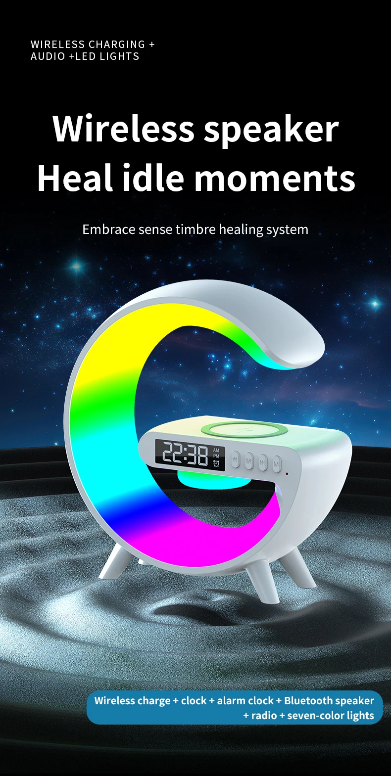 Bluetooth Speaker Atmosphere Table Lamp with Wireless Charger RGB Alarm Clock Ambient LED Night Light